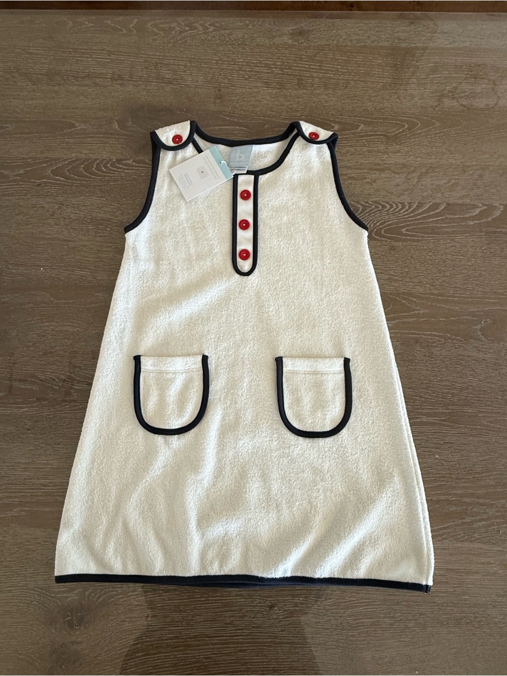 bella bliss Cream Terry Dress with Navy Trim and Red Buttons